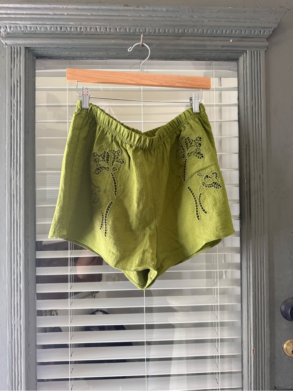 H&M Olive Green Embroidered Linen Shorts